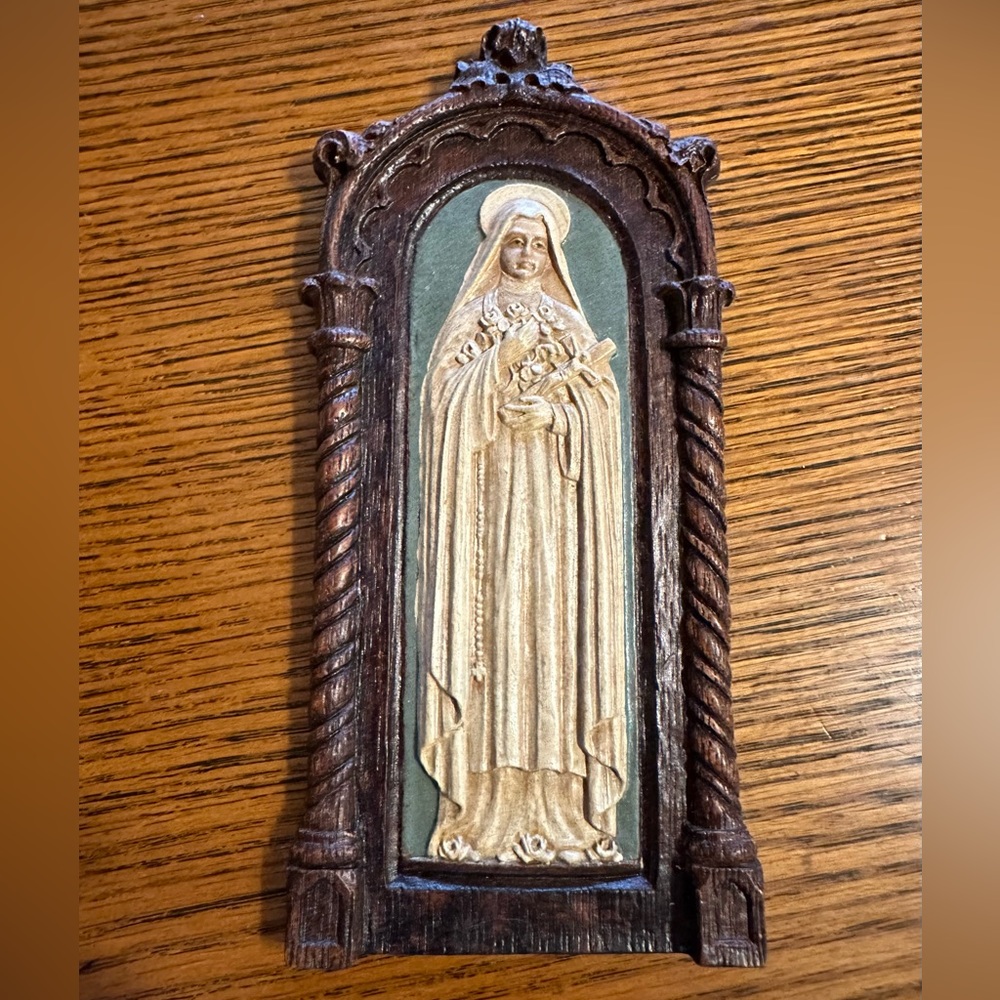 Vintage St Therese Of Lisieux Plaque, Syrocco Wood, Wall Decor